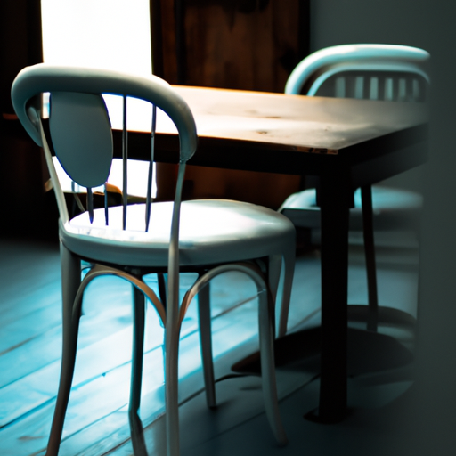 כיסא לבן עם כיסוי תכלת יושב בחדר אוכל עם שולחן עץ כהה