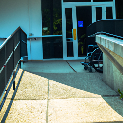 תמונה של רמפה לכיסא גלגלים המובילה לכניסה לבניין.