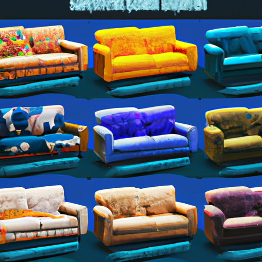 איור של ספה עם מגוון כיסויים אלסטיים בצבעים ודוגמאות שונות