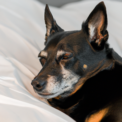 כלב מראה סימני שביעות רצון על המיטה